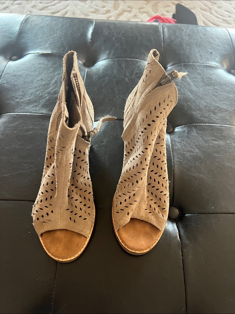 Toms Tan Suede Peep-Toe Cutout Heeled Booties
